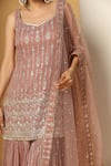 MeenaGurnam_Pink Kurta And Sharara Georgette Embroidery Zari Leaf Neck Sequin Work Set _at_Aza_Fashions