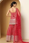 Shop_Meenagurnam_Red Georgette, Net Zari, Sequins Round Neck Geometric Pattern Kurta Sharara Set _at_Aza_Fashions