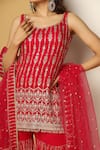 Meenagurnam_Red Georgette, Net Zari, Sequins Round Neck Geometric Pattern Kurta Sharara Set _Online_at_Aza_Fashions