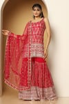 Buy_Meenagurnam_Red Georgette, Net Zari, Sequins Round Neck Geometric Pattern Kurta Sharara Set _Online_at_Aza_Fashions