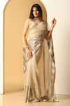 Buy_MeenaGurnam_Gold Net Embroidery Sequin Leaf Neck Bead Work Saree With Blouse_at_Aza_Fashions