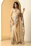 Buy_MeenaGurnam_Gold Net Embroidery Sequin Leaf Neck Bead Work Saree With Blouse _at_Aza_Fashions