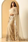 Shop_MeenaGurnam_Gold Net Embroidery Sequin Leaf Neck Bead Work Saree With Blouse_Online_at_Aza_Fashions