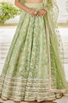 Cedar & Pine_Green Organza Embroidery Leaves Vine Square Neck Autumn Lehenga Set  _Online_at_Aza_Fashions