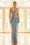 Buy_Cedar & Pine_Blue Georgette Embroidery Floral Sweetheart Neck Hand Saree With Blouse _at_Aza_Fashions