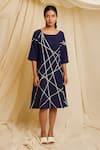 Buy_Banana Labs_Blue Cotton Round Neck Strike Hand Block Print Dress _at_Aza_Fashions