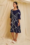 Banana Labs_Blue Cotton Round Neck Strike Hand Block Print Dress _Online_at_Aza_Fashions