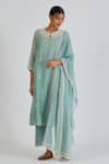 Shop_Lajjoo C_Blue Chanderi Embroidery Fleur Round Neck Binti Kurta With Palazzo _Online_at_Aza_Fashions