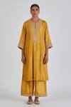 Lajjoo C_Yellow Silk Embroidery Paisley Round Kashida Zardozi Yoke Kurta With Palazzo _at_Aza_Fashions