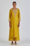 Shop_Lajjoo C_Yellow Silk Embroidery Zardozi Round Amisha Mughal Fleur Kurta With Palazzo _Online_at_Aza_Fashions