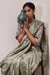 Shop_Dot_Green Chanderi, Cotton, Silk Chintz Print Saree With Unstitched Blouse Piece _at_Aza_Fashions
