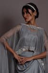 Shop_Vara by Vibha n Priti_Grey Organza Embroidered Boat Floral Cape Draped Skirt Set _Online_at_Aza_Fashions