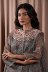 Vara by Vibha n Priti_Grey Organza Embroidered Sequin Round Short Printed Cape With Dhoti Pant _at_Aza_Fashions