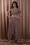 Buy_Vara by Vibha n Priti_Grey Chiffon Printed Floral Round Asymmetric Midi Dress With Belt _at_Aza_Fashions