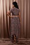 Shop_Vara by Vibha n Priti_Grey Chiffon Printed Floral Round Asymmetric Midi Dress With Belt _at_Aza_Fashions