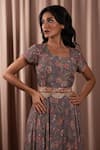 Shop_Vara by Vibha n Priti_Grey Chiffon Printed Floral Round Asymmetric Midi Dress With Belt _Online_at_Aza_Fashions