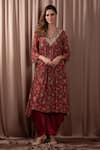 Buy_Vara by Vibha n Priti_Maroon Chiffon Printed Floral V Neck Gathered Tunic With Pant _at_Aza_Fashions