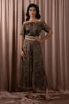 Buy_Vara by Vibha n Priti_Black Silk Print Tribal Age Off Shoulder Jumpsuit With Embroidered Belt _at_Aza_Fashions