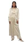 Buy_AK-OK_Cream Silk Asymmetric Buttoned Panel Long Shirt Jacket With Trouser  _at_Aza_Fashions