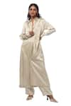 AK-OK_Cream Silk Asymmetric Buttoned Panel Long Shirt Jacket With Trouser  _Online_at_Aza_Fashions