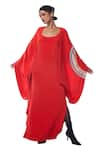 Buy_AK-OK_Red Silk Print Synodic Arc Deep Round Neck Cape With Plain Maxi Dress  _at_Aza_Fashions