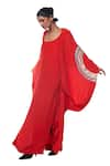 AK-OK_Red Silk Print Synodic Arc Deep Round Neck Cape With Plain Maxi Dress  _Online_at_Aza_Fashions