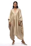 Buy_AK-OK_Cream Silk Plain V Neck Side Tape Panel Asymmetric Kaftan  _at_Aza_Fashions