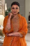 Shop_Lajjoo C_Orange Silk Embroidery Marodi Round Ruma Gardenia Zari Yoke Kurta With Sharara _at_Aza_Fashions