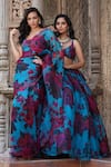 Shop_Astha Narang_Blue Organza Printed Floral Round Saree With Blouse  _Online_at_Aza_Fashions