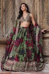 Shop_Astha Narang_Green Organza Printed Floral Leaf Neck Pattern Lehenga Set _at_Aza_Fashions