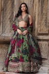 Buy_Astha Narang_Green Organza Printed Floral Leaf Neck Pattern Lehenga Set _Online_at_Aza_Fashions
