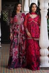 Buy_Astha Narang_Pink Organza Printed Floral Leaf Neck Pattern Peplum Kurta Sharara Set  _Online_at_Aza_Fashions