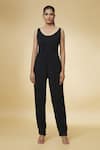 Varsha Wadhwa_Black Embroidered Pearl Scoop Solid Jumpsuit With Cape  _at_Aza_Fashions