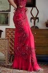 Moledro_Red Blouse Modal Satin Hand Embroidered Nalki Elara Draped Floral Saree Gown _at_Aza_Fashions