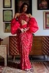 Buy_Moledro_Red Blouse Butterfly Net Embellished Sequin Halter Saavi Draped Skirt Set _at_Aza_Fashions