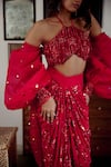 Shop_Moledro_Red Blouse Butterfly Net Embellished Sequin Halter Saavi Draped Skirt Set _Online_at_Aza_Fashions