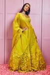 Buy_SAMMOHI BY MOKSHA AND HIRAL_Yellow Silk Organza Applique Floral V Neck Rose Vine Lehenga Set _Online_at_Aza_Fashions