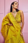 Shop_SAMMOHI BY MOKSHA AND HIRAL_Yellow Silk Organza Applique Floral V Neck Rose Vine Lehenga Set _Online_at_Aza_Fashions