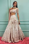 SAMMOHI BY MOKSHA AND HIRAL_Ivory Lehenga Dupion Silk Hand Embellished Zardozi Square Neck Bridal Set _at_Aza_Fashions