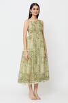 Buy_Ek Katha_Green Kota Doriya Print Batik Square Neck Floral Midi Dress _Online_at_Aza_Fashions