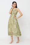 Shop_Ek Katha_Green Kota Doriya Print Batik Square Neck Floral Midi Dress _Online_at_Aza_Fashions