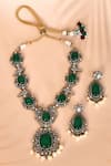 Shop_PREETI MOHAN_Green Stone Studded Swirl Pattern Necklace Set _at_Aza_Fashions