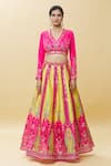 Samyukta Singhania_Pink Raw Silk Print Baroque Bloom V Blossom Art Embroidered Lehenga Set _at_Aza_Fashions