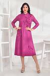 Buy_Crimp_Pink 100% Polyester Pleated Textured High Neck Kai Round Midi Dress _at_Aza_Fashions