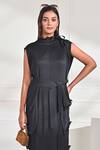 Crimp_Black 100% Polyester Pleated Textured High Neck Lotus Dress With Belt _Online_at_Aza_Fashions