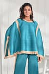 Crimp_Blue 100% Polyester Pleated Textured Round Alyna Fringe Border Kaftan And Pant Set _Online_at_Aza_Fashions