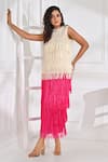 Crimp_White 100% Polyester Textured Round Sierram Neck Fringe Top And Skirt Set _Online_at_Aza_Fashions