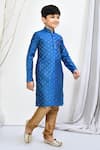 Petite Pomme_Blue Brocade, Silk Embroidery Woven Floral Motif Kurta Set _at_Aza_Fashions