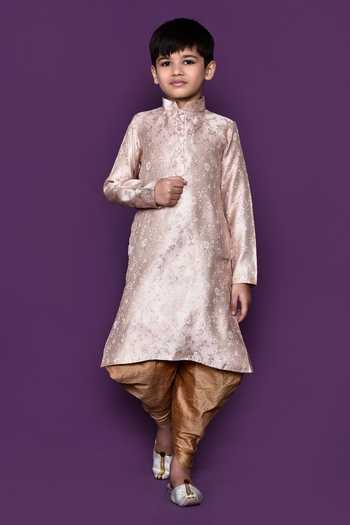 Buy_Petite Pomme_Peach Brocade, Silk Embroidery Floral Pattern Kurta Patiala Pant Set _Online_at_Aza_Fashions