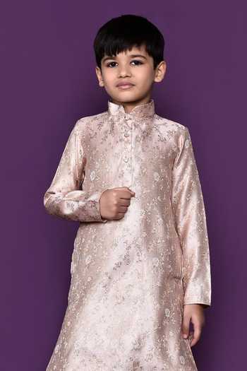 Shop_Petite Pomme_Peach Brocade, Silk Embroidery Floral Pattern Kurta Patiala Pant Set _Online_at_Aza_Fashions